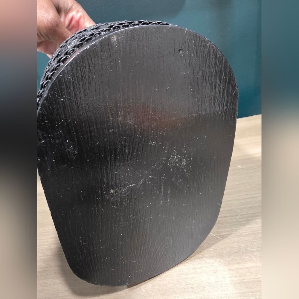 Black Oval Wood Box Handbag Twist Plastic Top Handle Intricate Lace Like Detail - Picture 6 of 15
